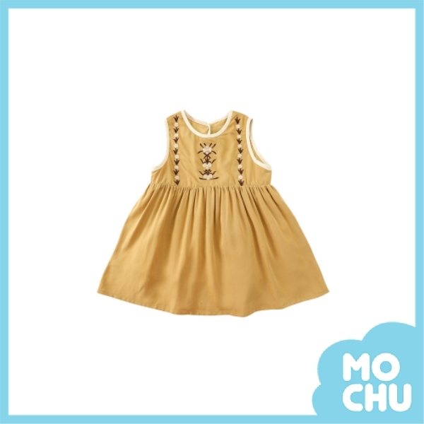 刺繡花黃色連衣裙