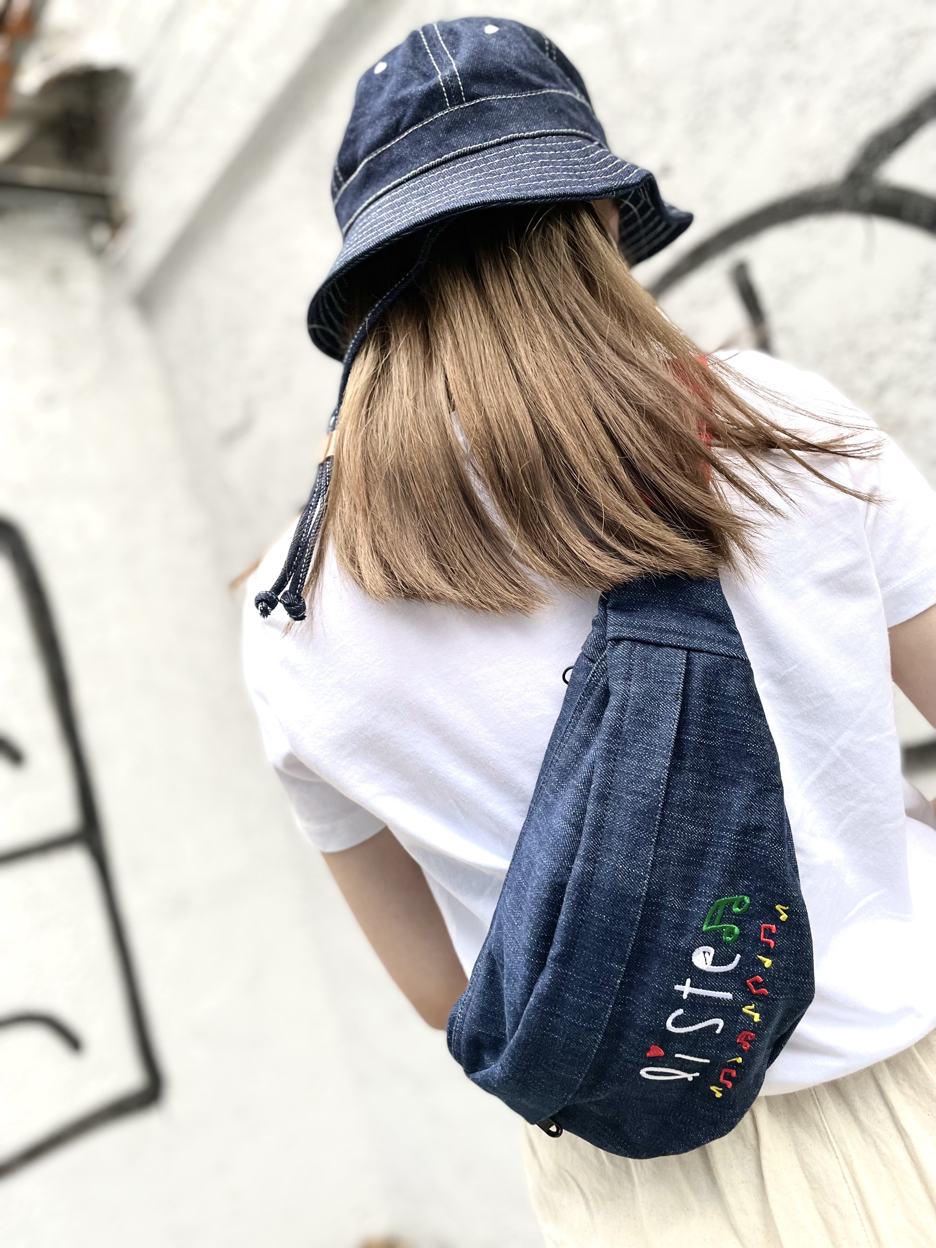 音符Listen刺繍 牛仔丹寧布腰包