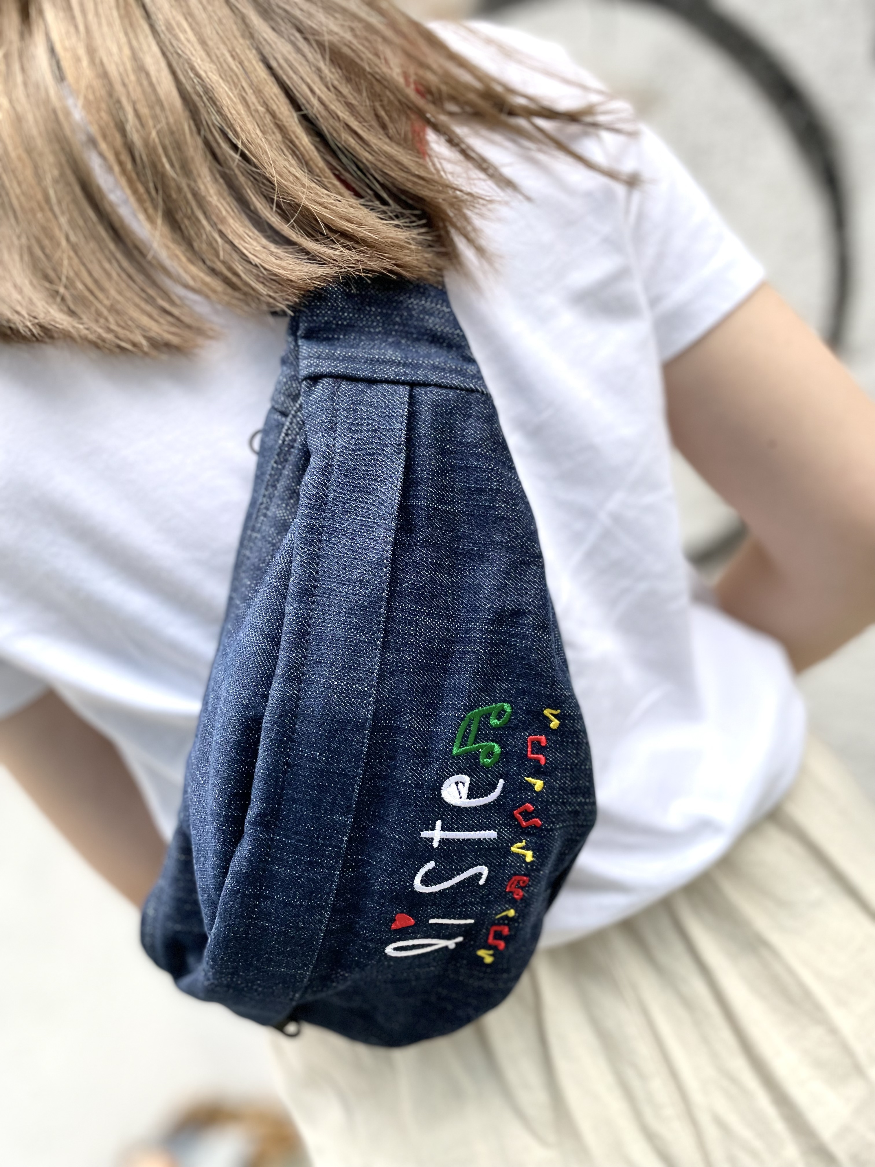 音符Listen刺繍 牛仔丹寧布腰包