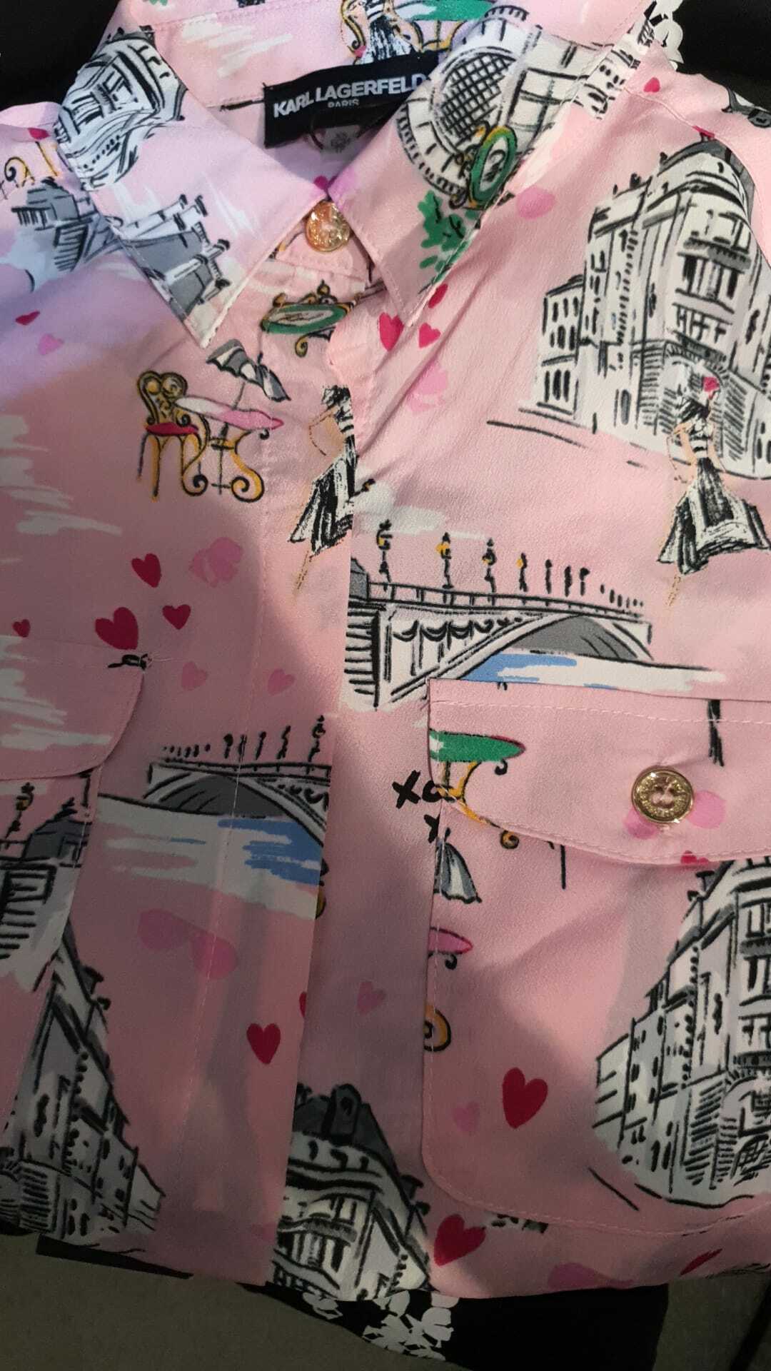 [S] KARL LAGERFELD POINT COLLAR SHORT ROLL-TAB SLEEVE PRINTED WHIMSICAL COMBO SUNGLASSES BLOUSE, PINK, L2TA6577-UG9 (SKL71)