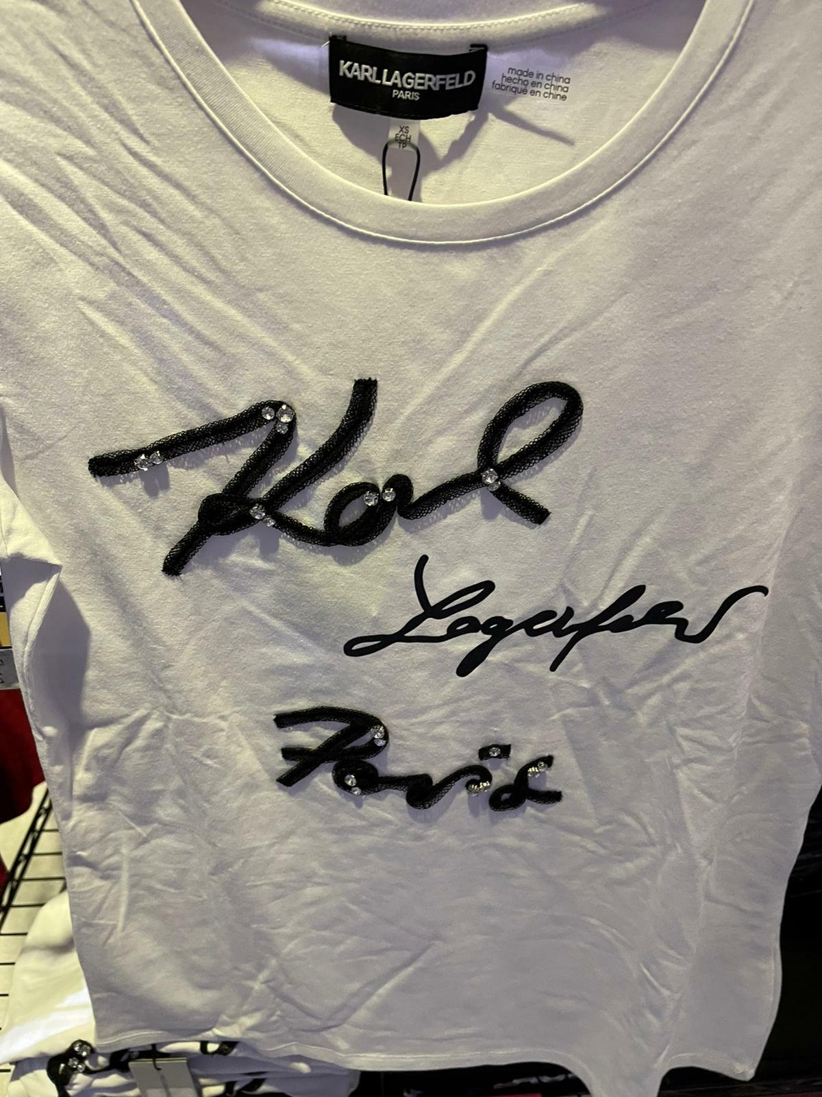 [S] KARL LAGERFELD LACE TRIM LOGO TEE, WHITE, L1LH7801-WHT (SKL85)