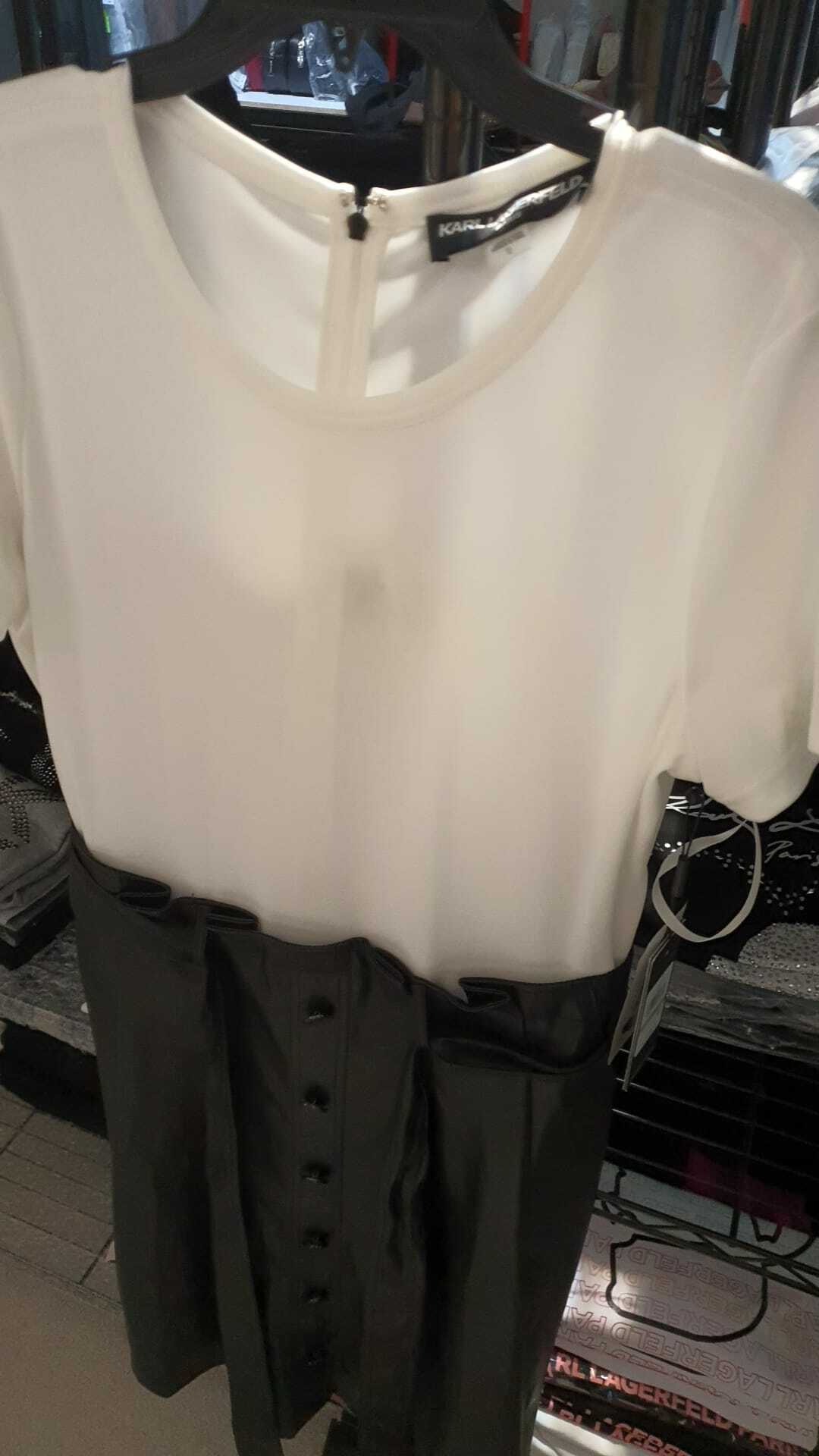 [S] KARL LAGERFELD MIXED MEDIA FIT AND FLARE DRESS, BLACK/SOFT WHITE, LD1GQ571-XSF [FINAL SALES] (SKL96)