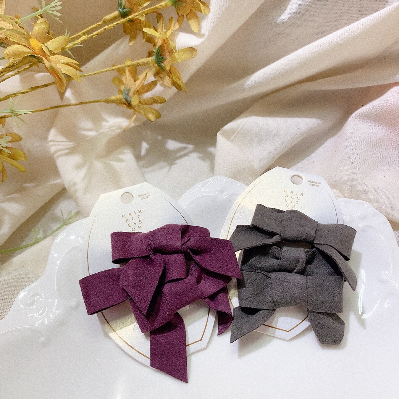 [日本制] 迷你絨面蝴蝶結髮夾SET