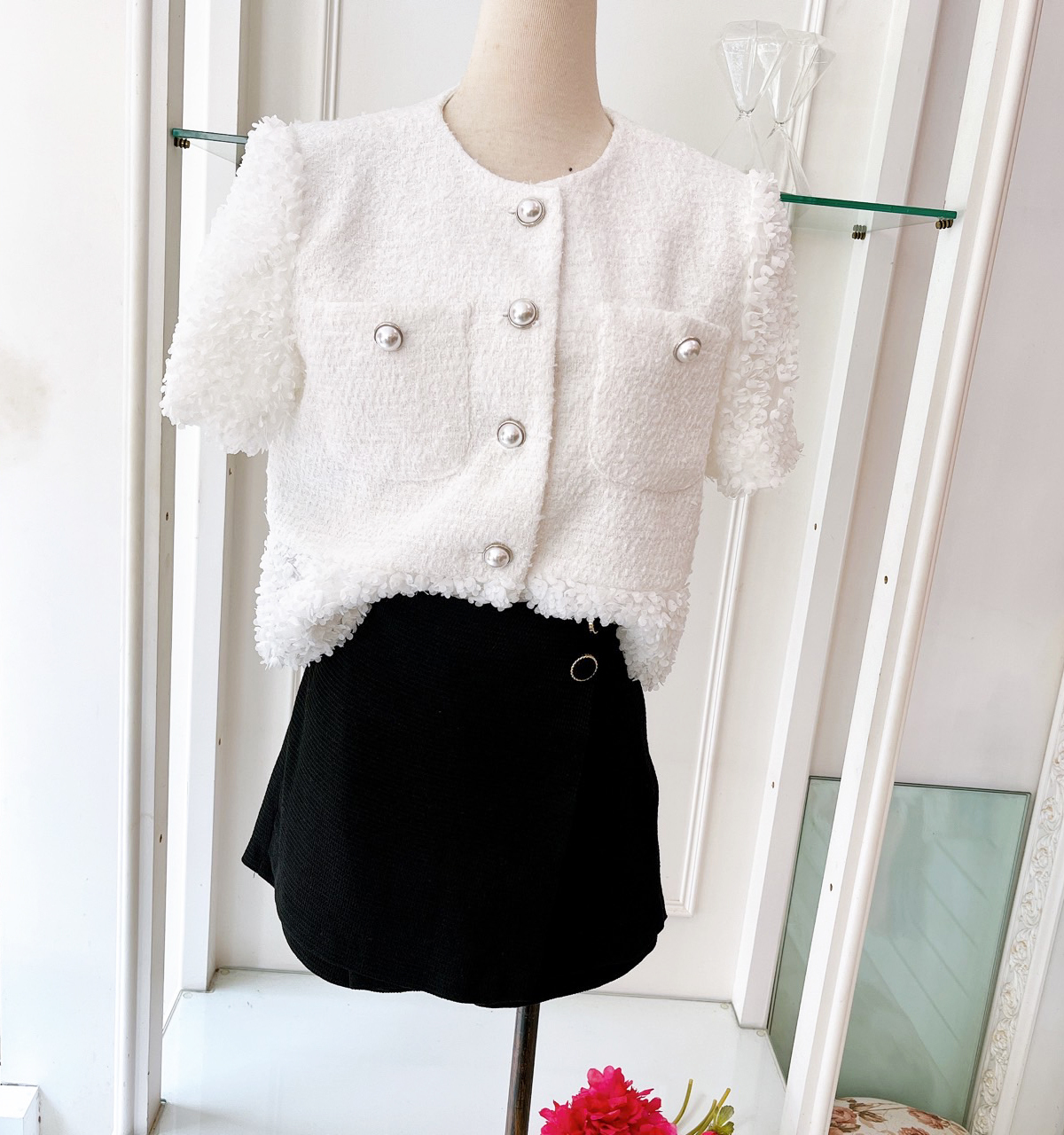 2204161華夫格雙釦斜片褲裙