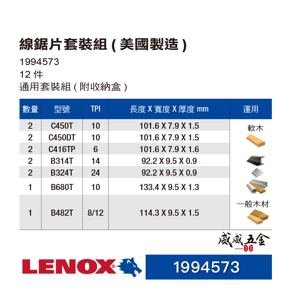 LENOX 美國 狼牌｜木材用線鋸片套裝組 木工用線鋸條 通用套裝組- 附收納盒 12片入｜1994573
