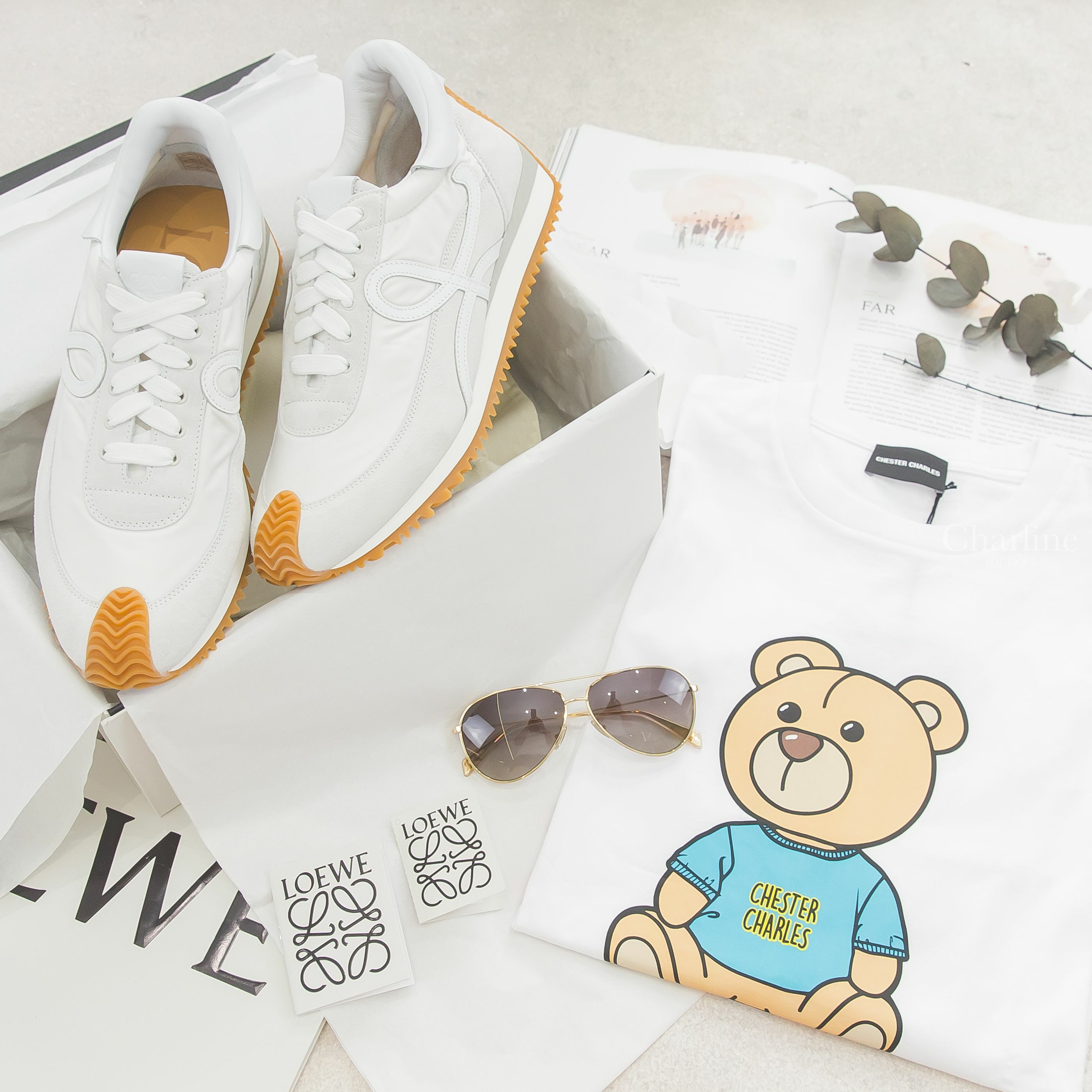 Loewe Flow Runner In Nylon And Suede 白色尼龍拼麂皮棕色鞋底運動鞋,Celine Sunglasses 灰褐色漸層金屬飛行員邊框太陽眼鏡附棕褐色肩背包兩件組-Charline Boutique 精品代購
