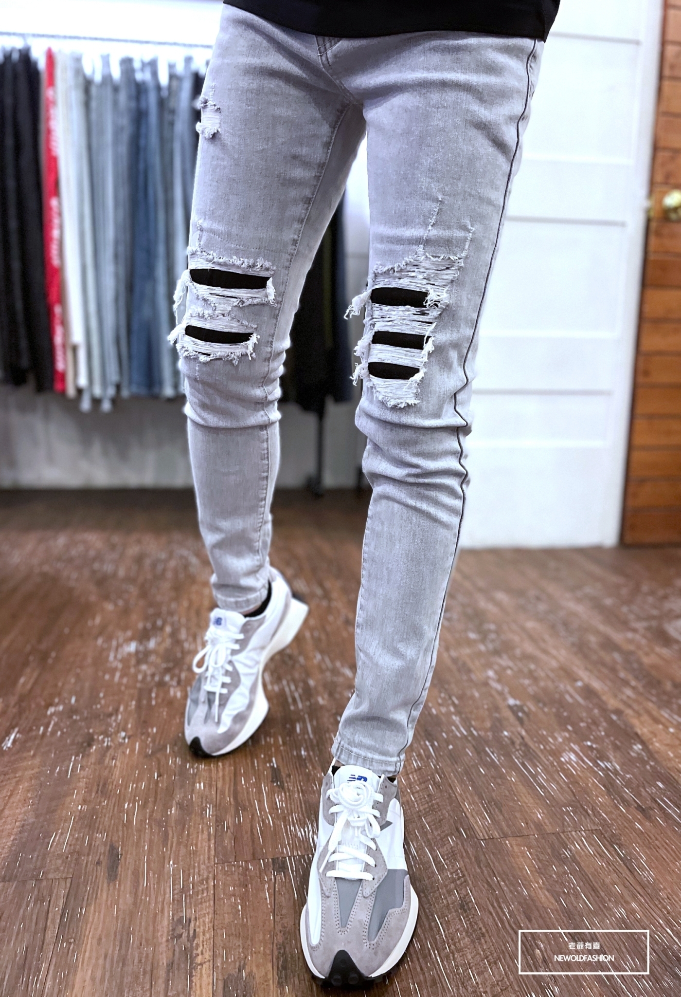 『新品上市』重磅淺灰白雙膝黑補丁小直筒褲(NOF2204993)