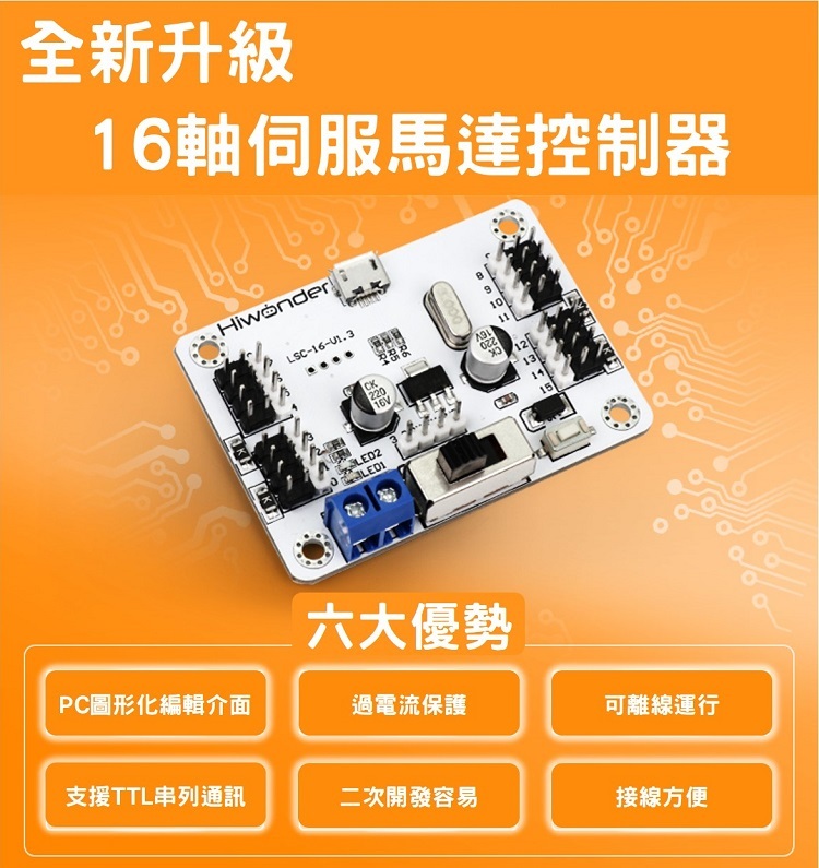 16軸伺服馬達控制器(機器人/機械臂開發專用配件)