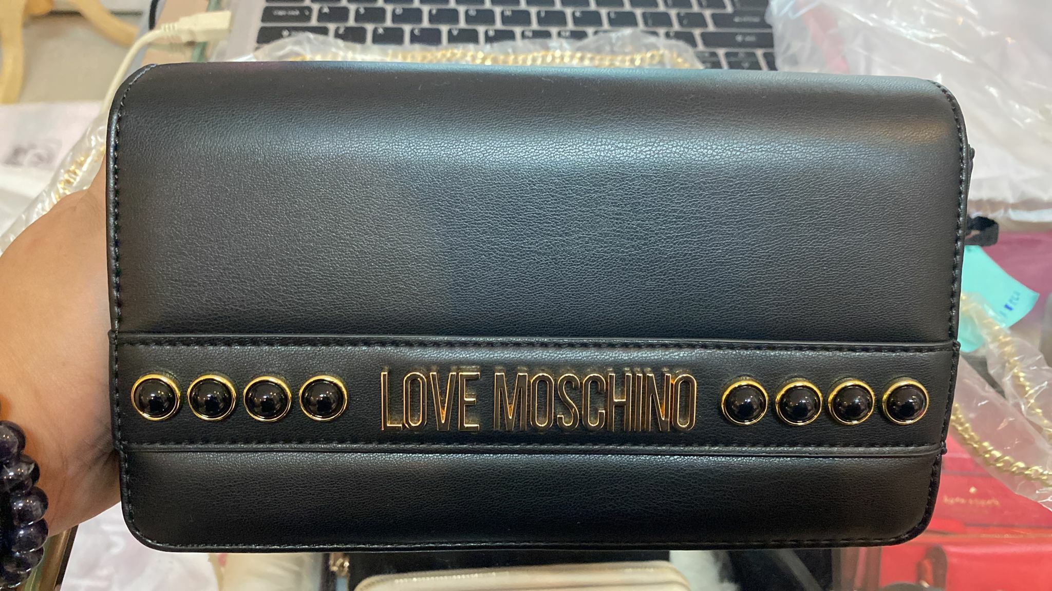 [S] LOVE MOSCHINO WOMEN LEATHER POUCH, PU NERO JC4096PP1CLA4000, 8051578172400 FINALE SALE (SLM26)