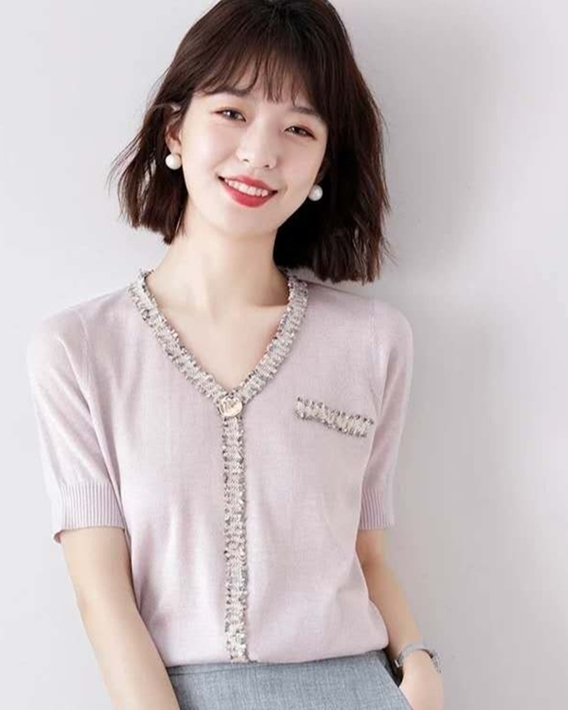 Y字抽鬚金絲滾邊針織上衣 二色