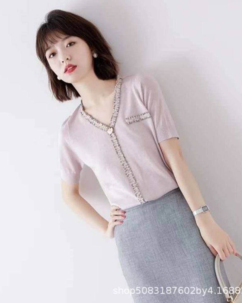 Y字抽鬚金絲滾邊針織上衣 二色