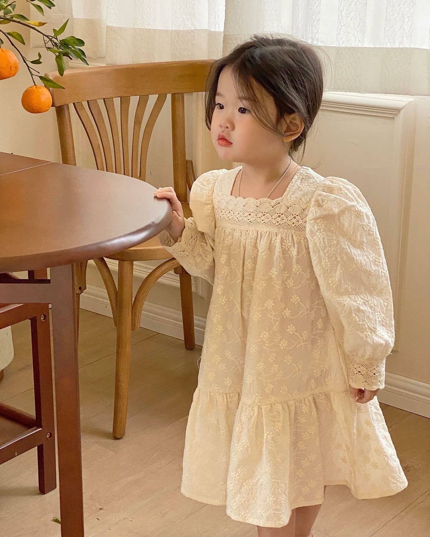 B573 法國風刺繡方領lace裙