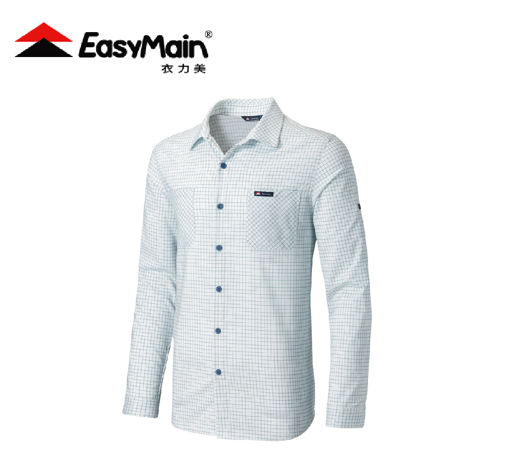 Easymain 衣力美 彈性快乾防曬長袖格子衫 男款 (細淺藍) 防曬/透氣/彈性/吸溼排汗 13EMS22017