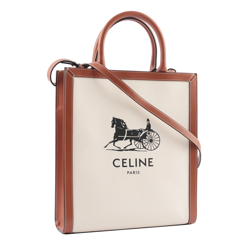 【CELINE】馬車 Logo 印花帆布及小牛皮直式CABAS(米/焦糖)