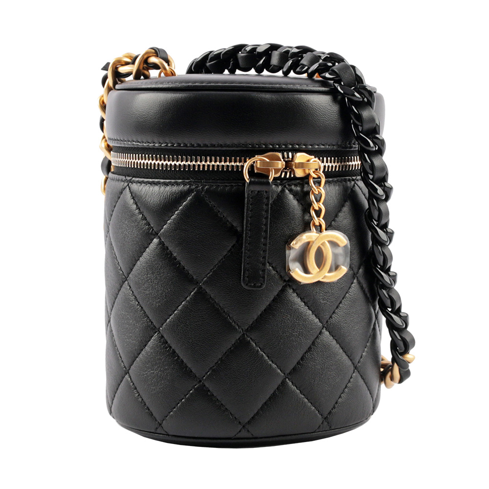 【CHANEL】CC Logo 拉鍊菱格紋小羊皮小型化妝箱