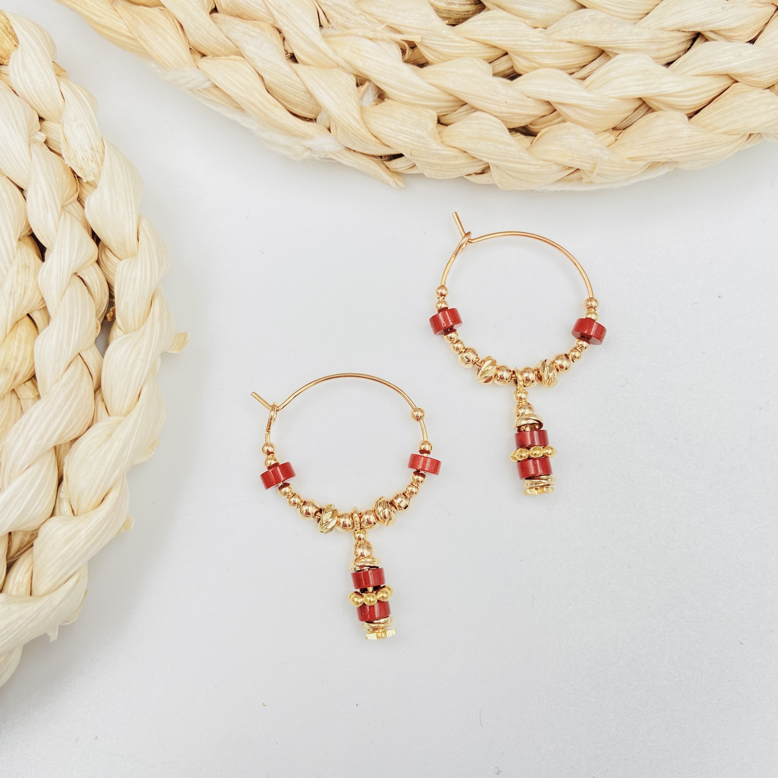 COLE COOL天然簡約紅石祝福系列圓圈耳環純銀耳環