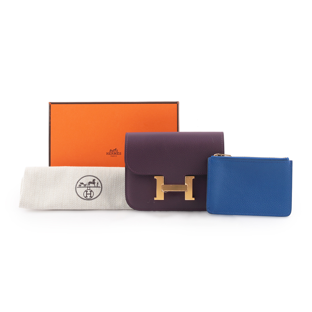 【HERMES】Constance Slim Evercolor 皮金釦短夾(黑醋栗/皇家藍)