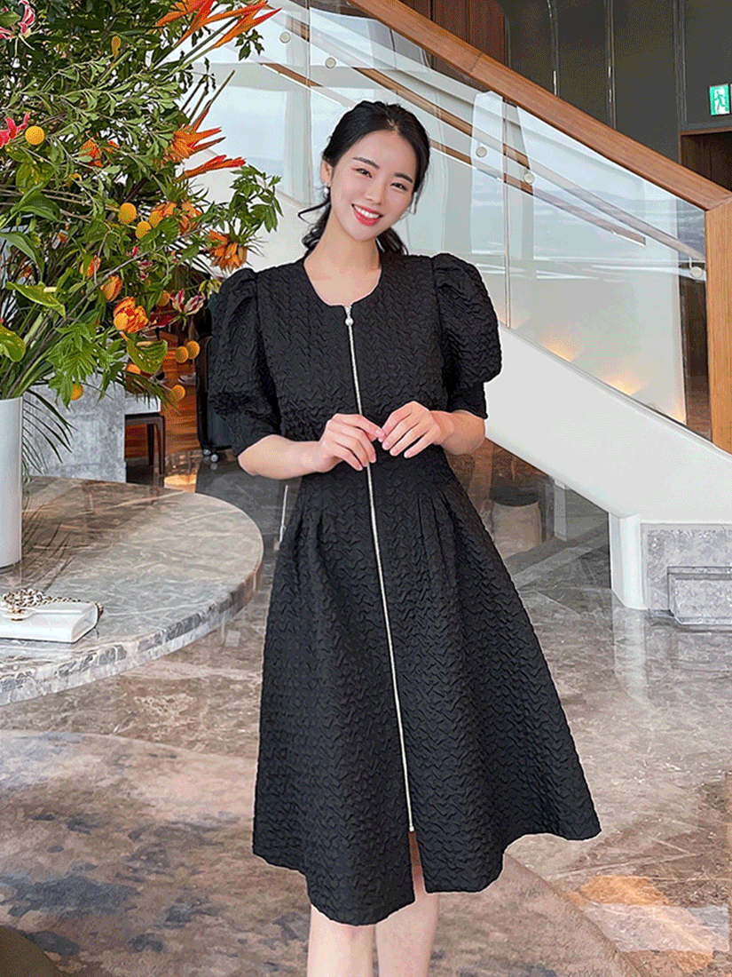 [現貨]優雅珍珠拉鍊洋裝 [ 黑色,S ]