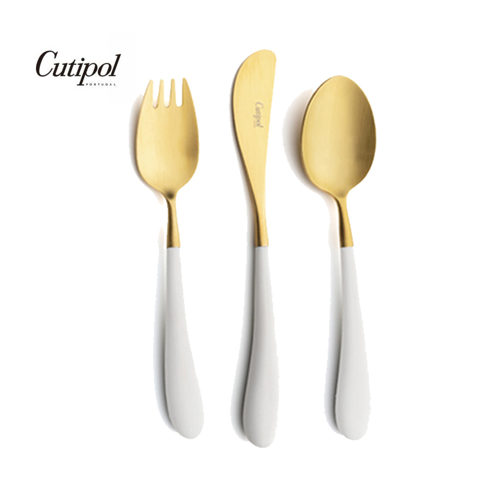 葡萄牙Cutipol  Alice- 白柄金霧面不銹鋼餐具三件組  刀叉匙 葡萄牙手工餐具