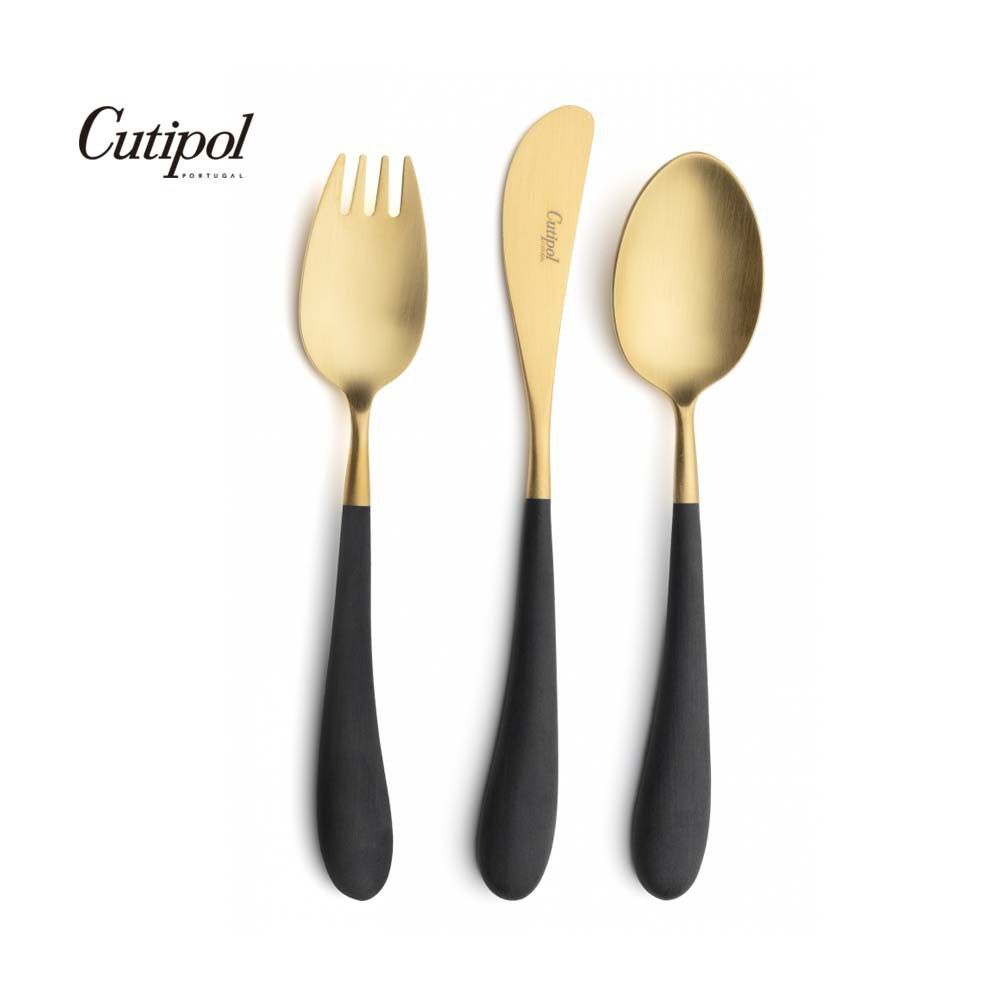 葡萄牙Cutipol  Alice- 黑柄金霧面不銹鋼餐具三件組  刀叉匙 葡萄牙手工餐具