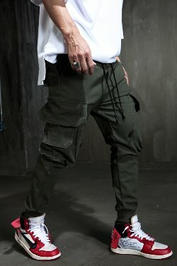 大工裝口袋綁帶彈力慢跑褲