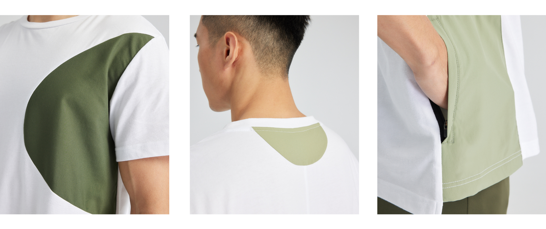 白色 T 恤上有綠色色塊拼接