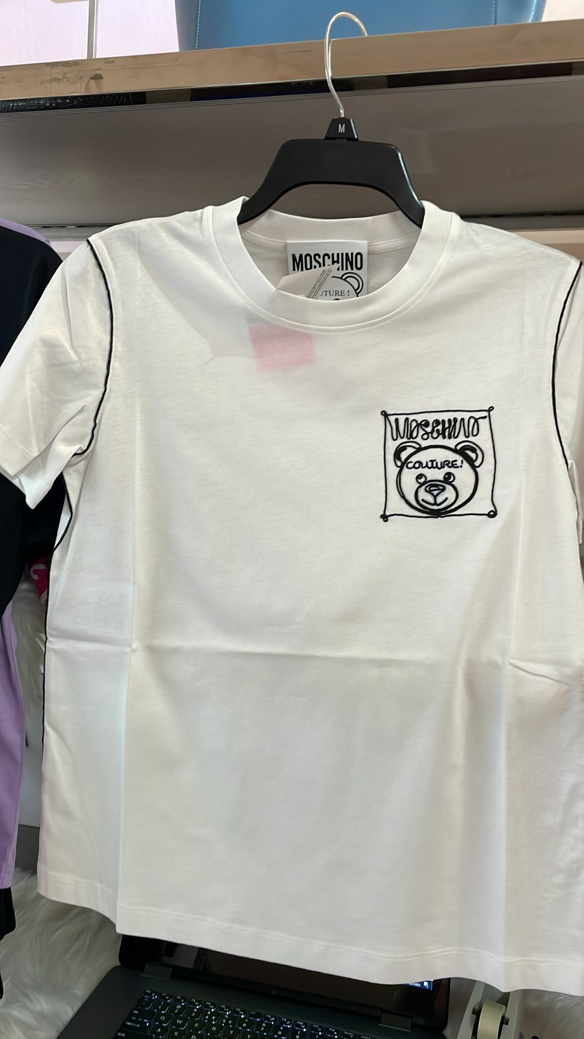 [S] MOSCHINO TEDDY BEAR LOGO EMBROIDERED COTTON T-SHIRT, WHITE, DT0702-0440-1001 (FINAL SALE) (SM40)