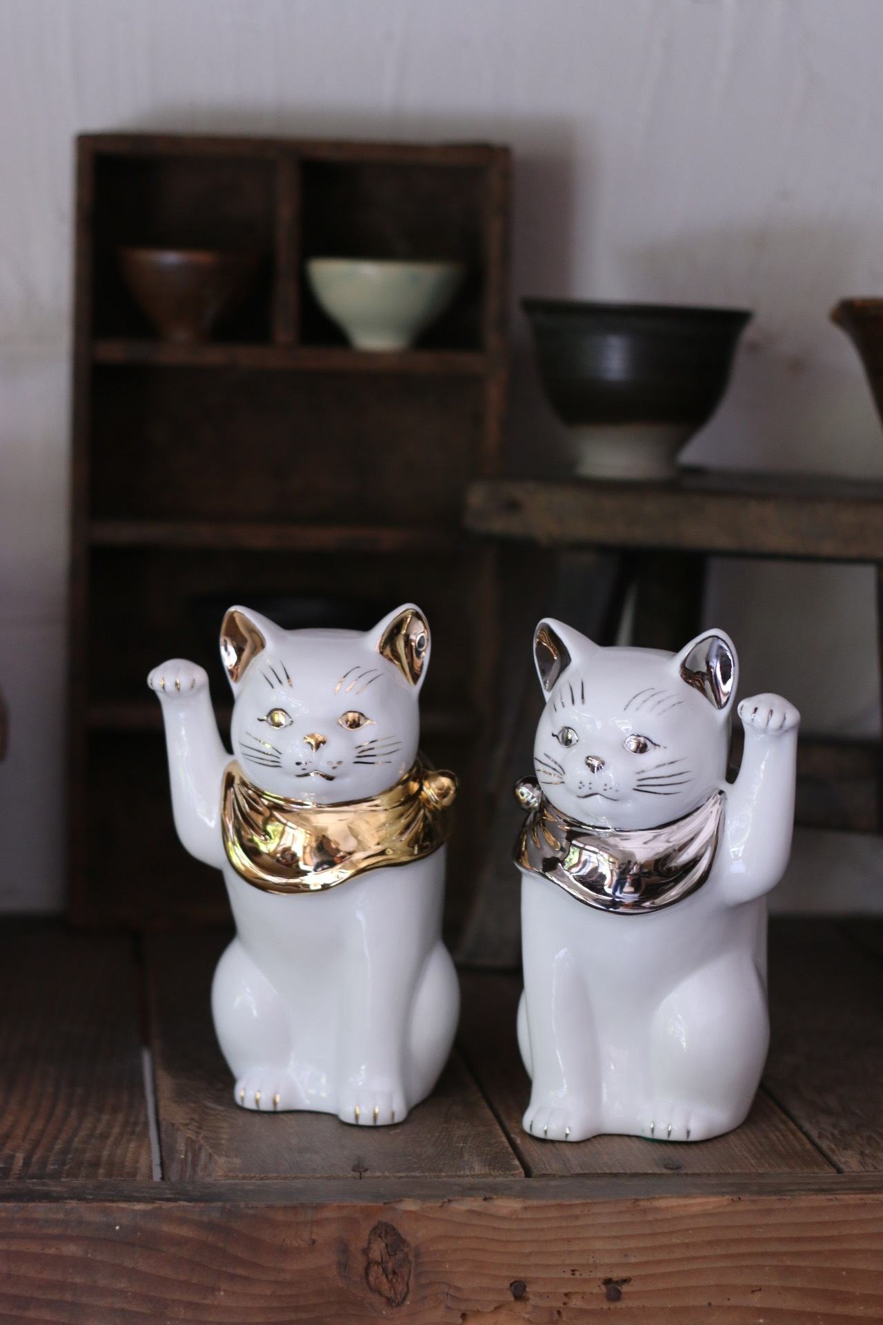 日本江戶 瀨戶燒 金銀招財貓