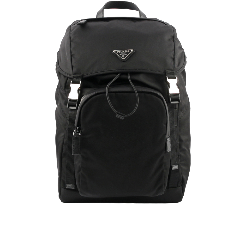 【Prada】再生尼龍束口雙釦後背包(黑色)