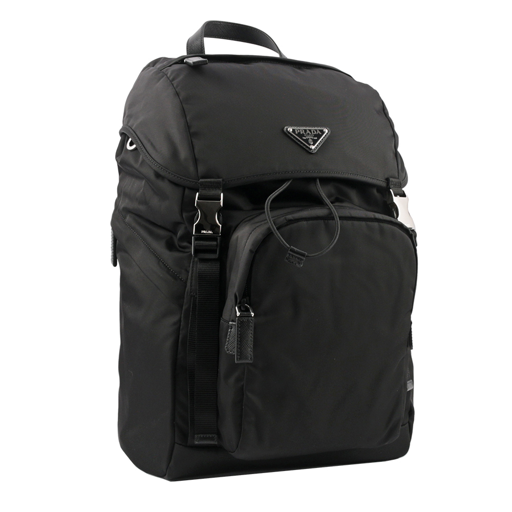 【Prada】再生尼龍束口雙釦後背包(黑色)