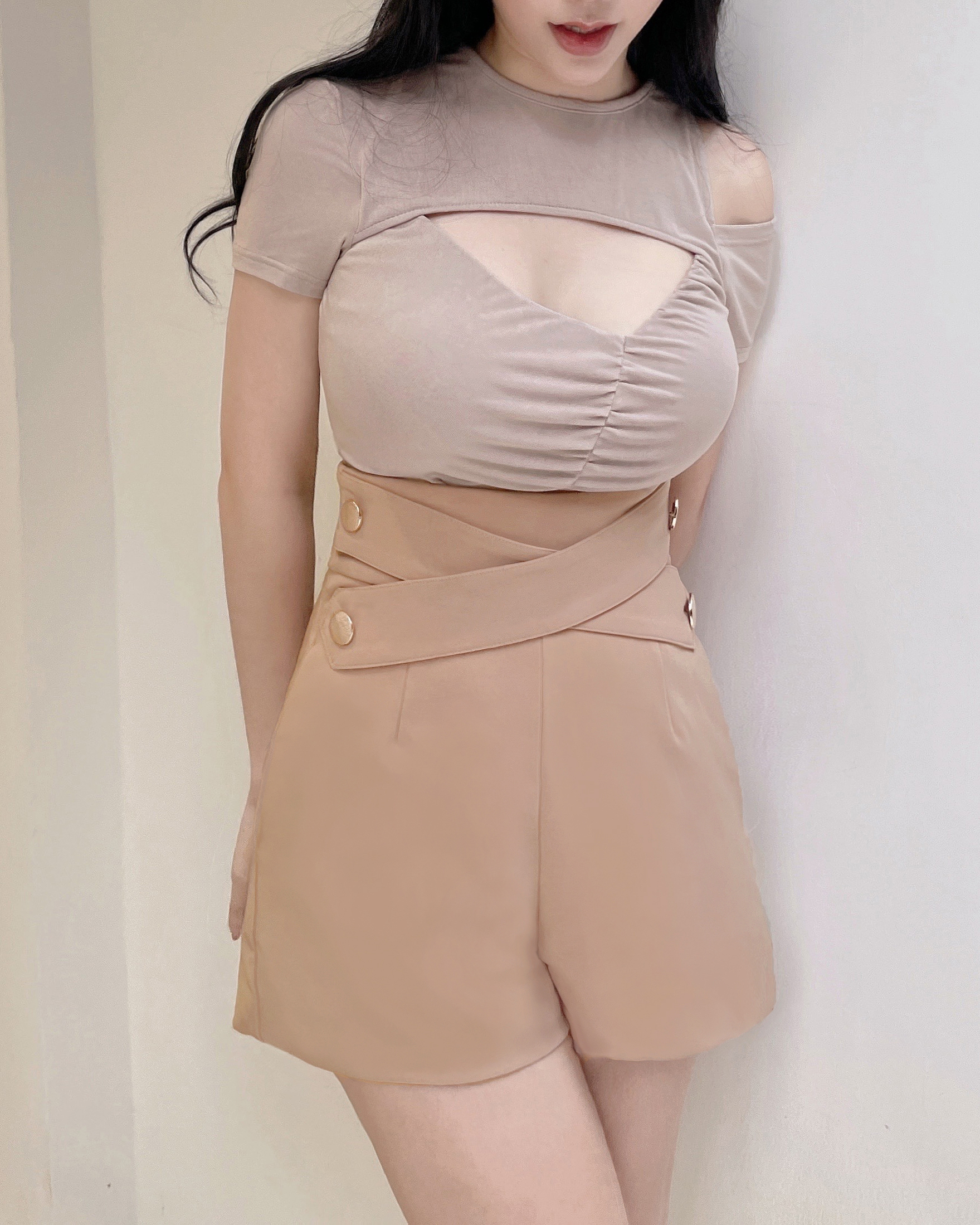 訂製-質感交叉金釦高腰短褲(加長版)