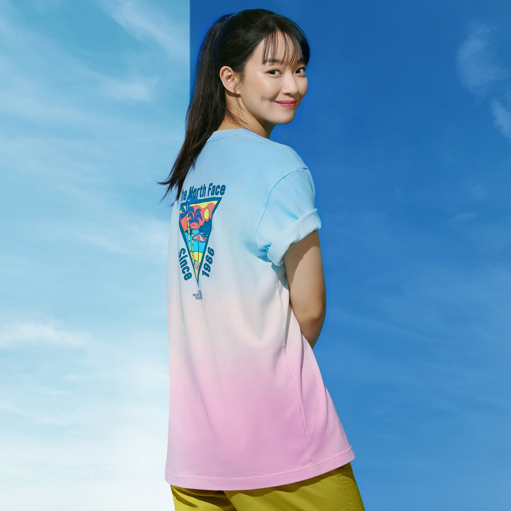 THE NORTH FACE BLUE MARINE 藍粉 漸層 椰子樹 圖案 短袖 短T NT7UN17A