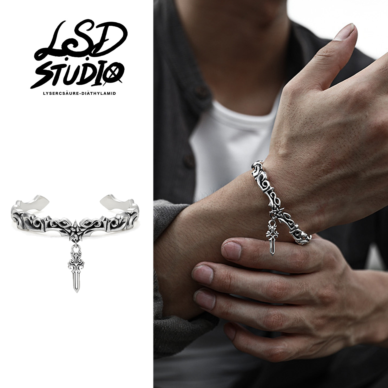 【ACHI001】五芒星垂墜十字設計開口手環