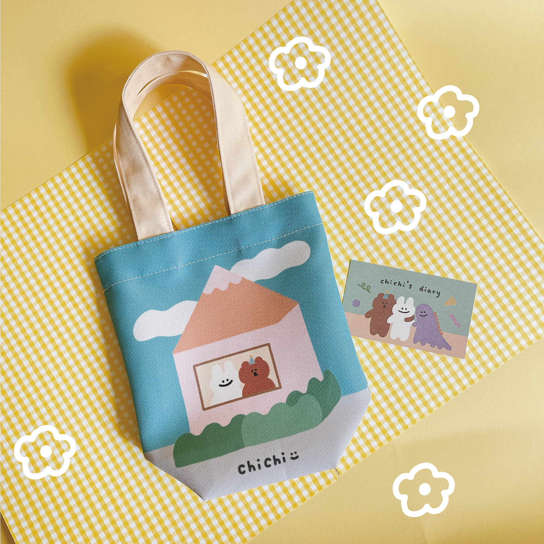 【慢慢挑xChiChi-87小兔與朋友們-雙花色防潑水提袋】 人生很讚款（可裝冰霸杯）