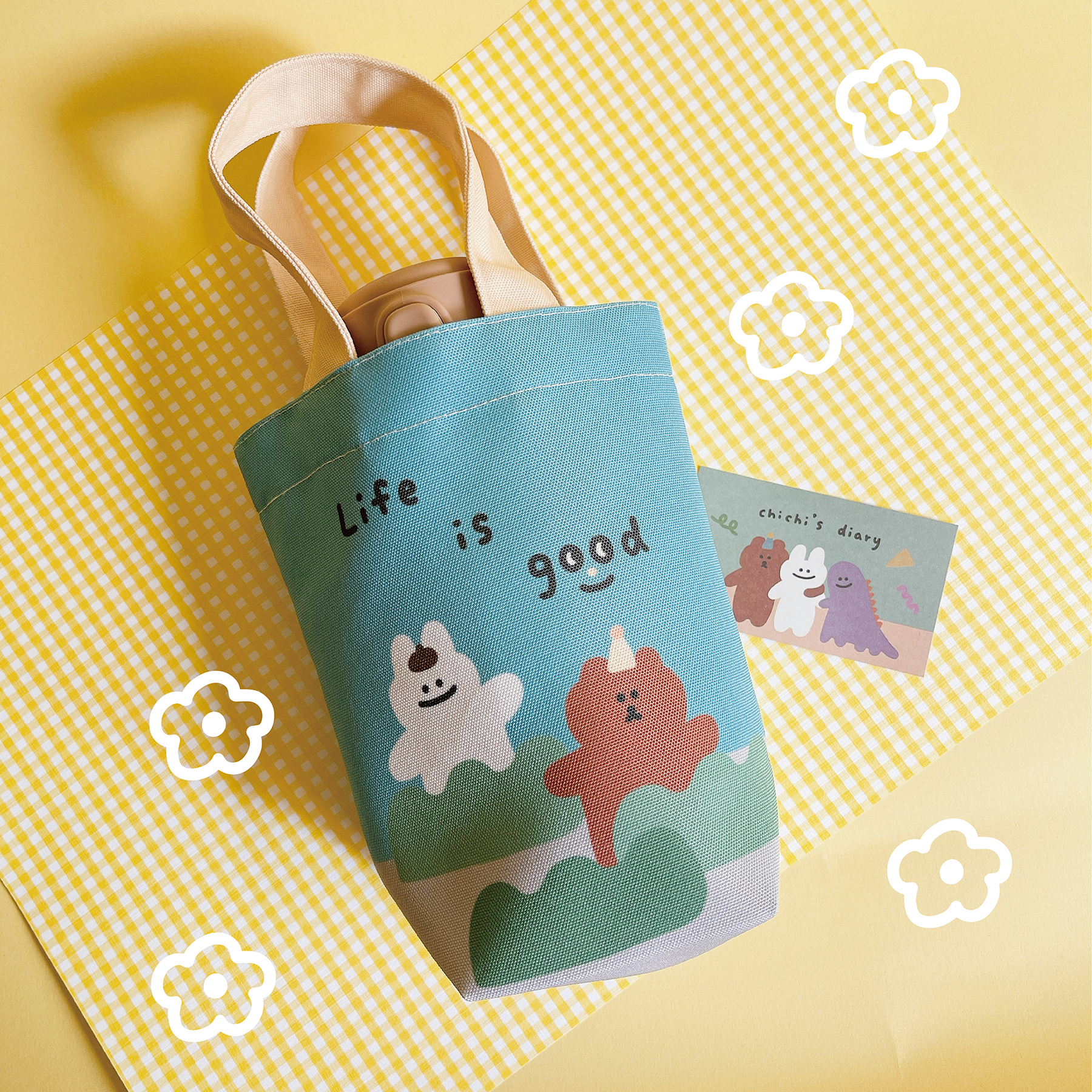 【慢慢挑xChiChi-87小兔與朋友們-雙花色防潑水提袋】 人生很讚款（可裝冰霸杯）