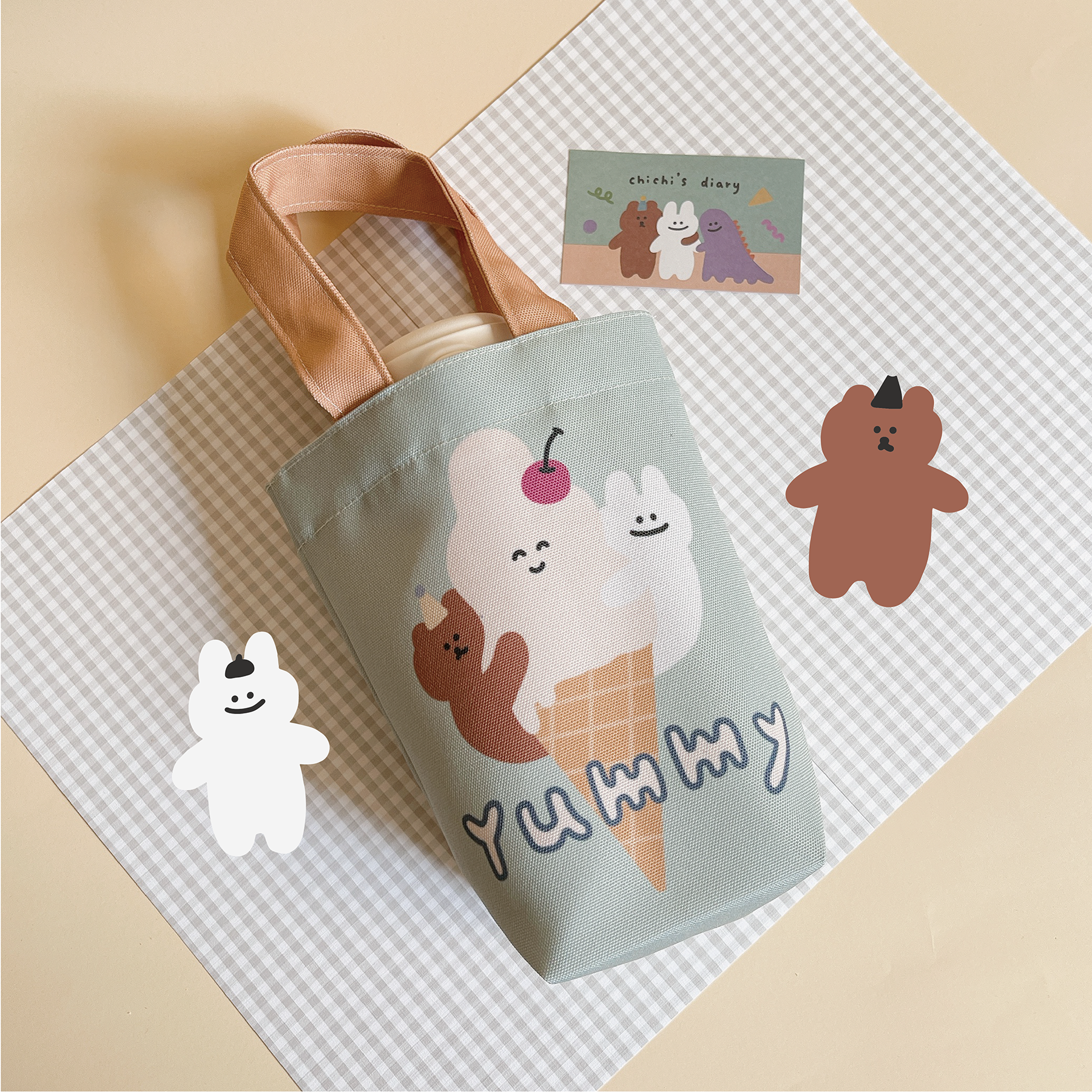 【慢慢挑xChiChi-87小兔與朋友們-雙花色防潑水提袋】 冰淇淋款（可裝冰霸杯）