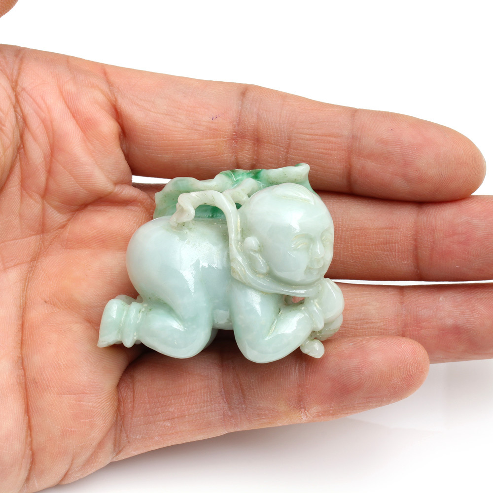 【雅紅珠寶】蓮生胖娃天然白翡帶綠翠玉項鍊-手把件-擺件-三用-O0036