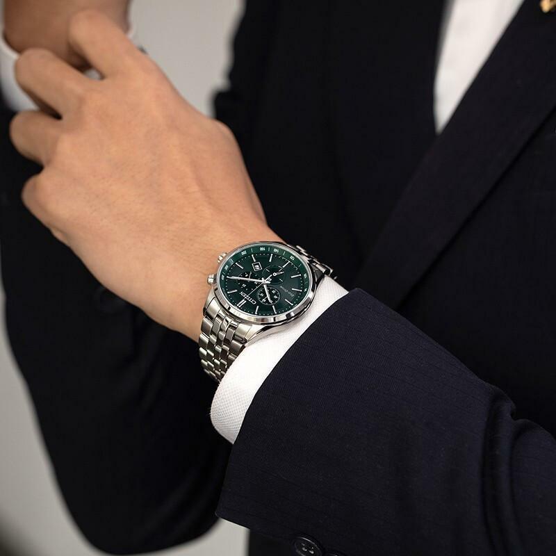 萬年鐘錶 - Citizen 星辰錶  光動能系列  湖水綠三眼計時男錶 AT2149-85X  錶徑42MM