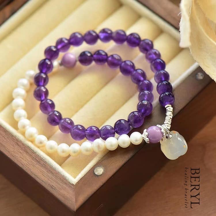 招財開運天然珍珠紫水晶雙圈手串
