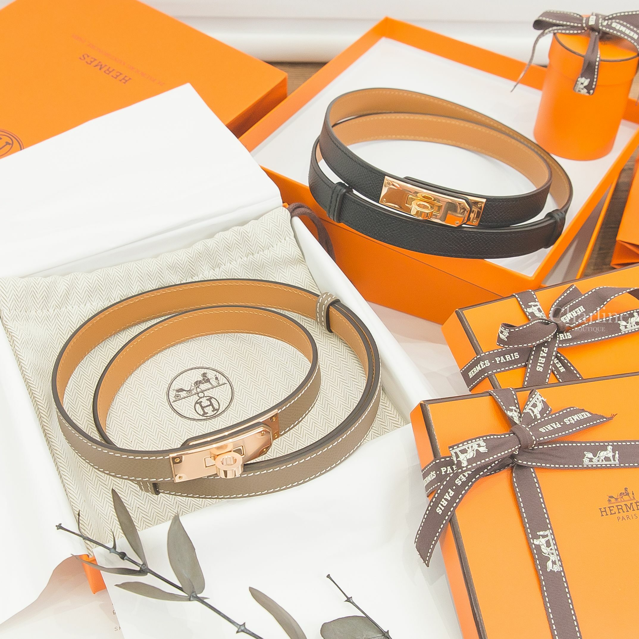 Hermès Kelly 18 Belt 大象灰牛皮玫瑰金扣可調式皮帶,Hermès Kelly 18 Belt 黑色牛皮玫瑰金扣可調式皮帶-Charline Boutique 精品代購