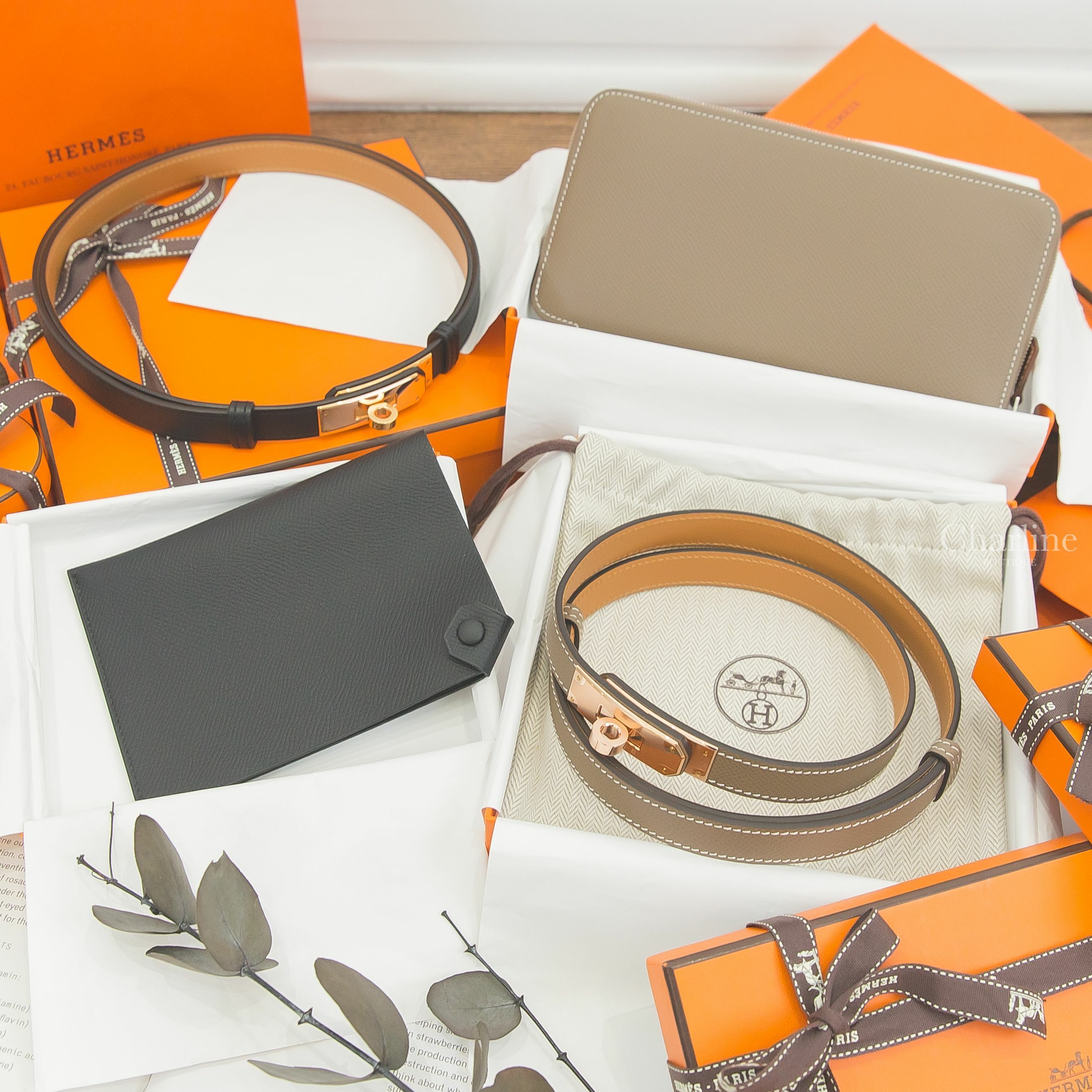 Hermès Kelly Belt 大象灰玫瑰金扣,Hermès Kelly Belt 黑色玫瑰金扣,Hermès Wallet Etoupe 大象灰絲巾長夾,Hermès Passport 黑色護照夾-Charline Boutique 精品代購