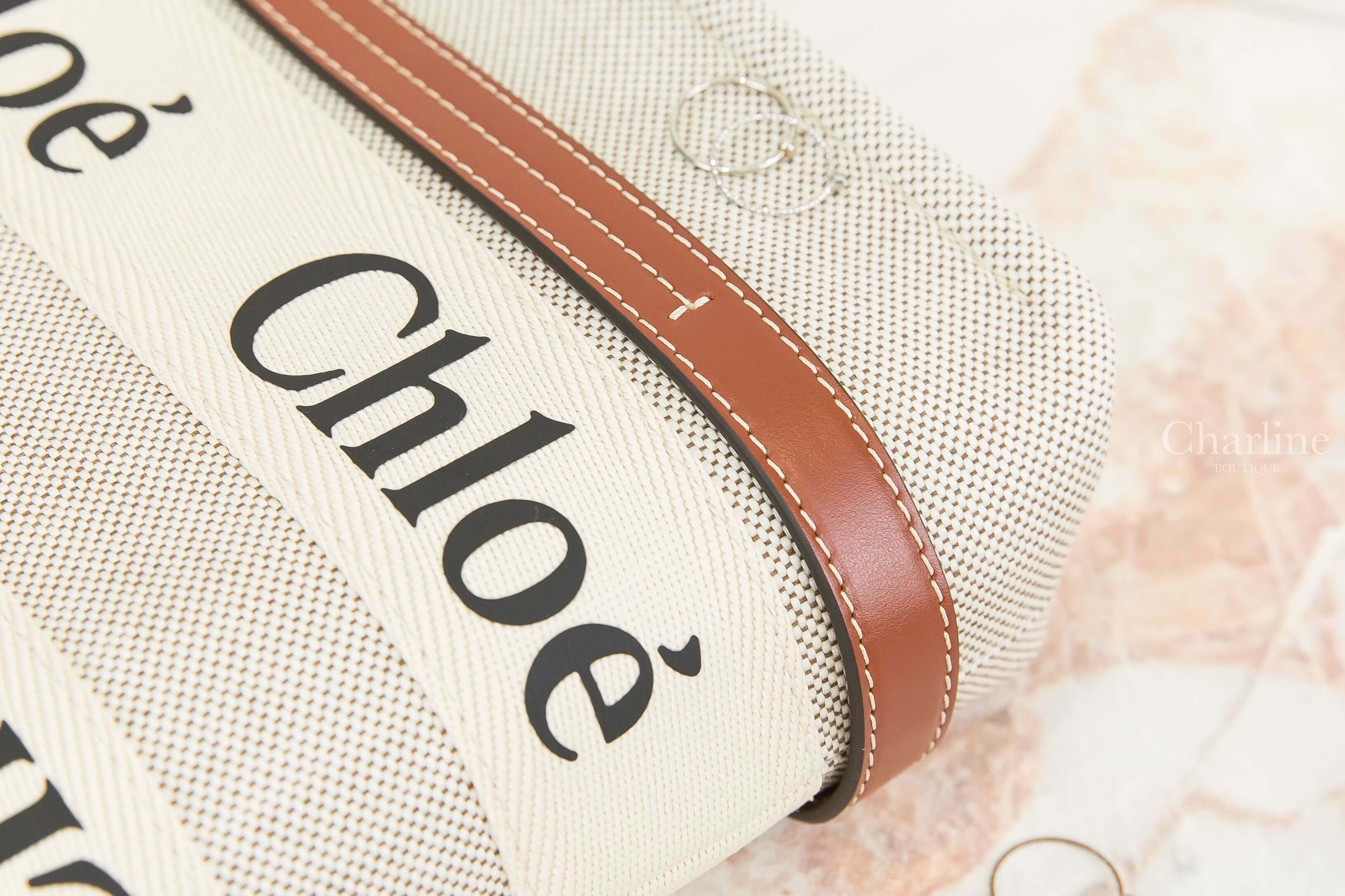 Chloe Small Woody Tote Bag With Strap 米白色帆布拼棕色皮革黑Logo小型提把肩背托特包