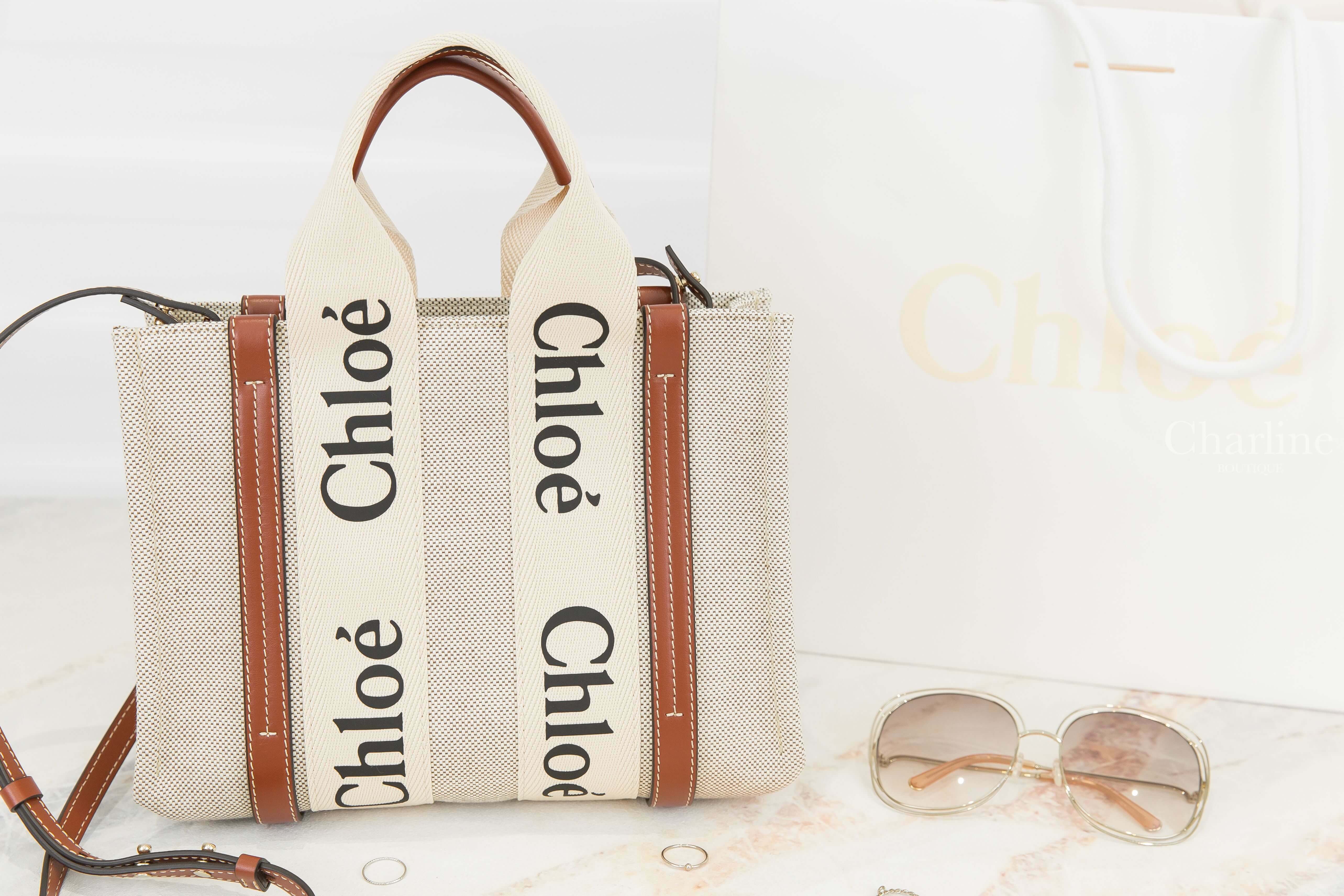 Chloe Small Woody Tote Bag With Strap 米白色帆布拼棕色皮革黑Logo小型提把肩背托特包