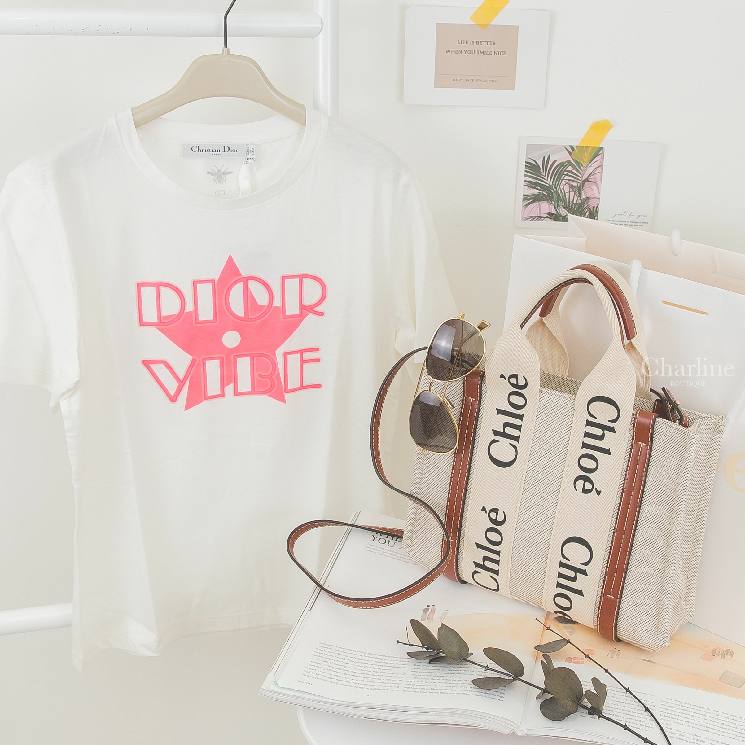 Dior 白色螢光粉星星簍空字樣印花混亞麻短袖棉T,Chloe 米白色帆布拼棕色皮革黑Logo小型提把肩背托特包,Celine 灰褐色漸層金屬飛行員邊框太陽眼鏡附棕褐色肩背包兩件組-Charline Boutique 精品代購