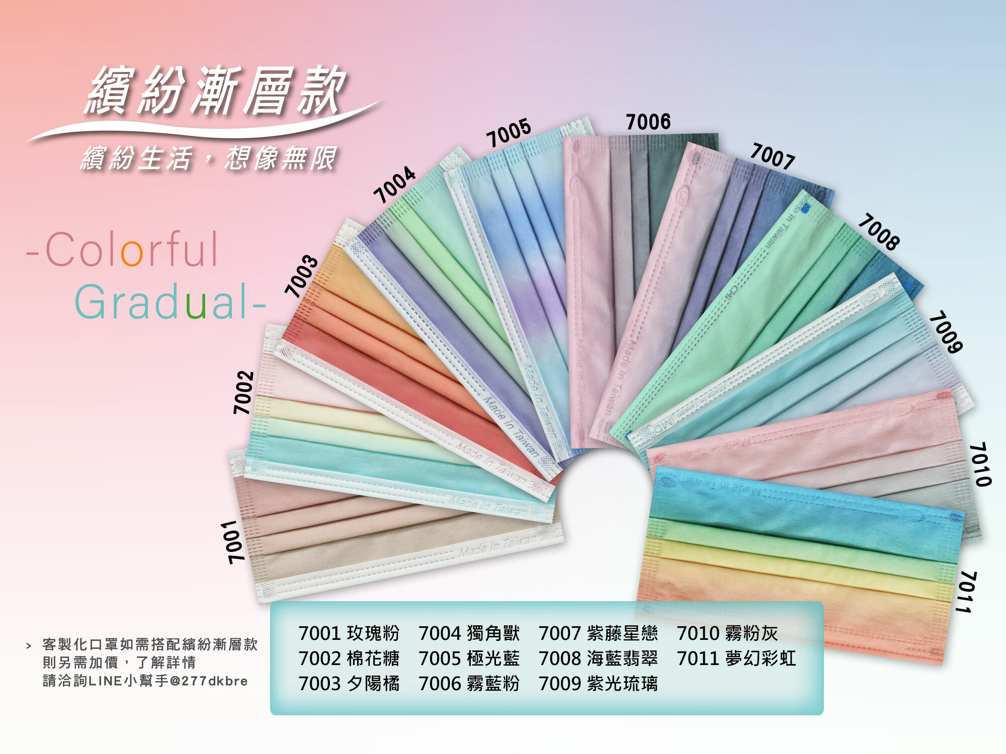 繽紛漸層款,客製化口罩印花,TTRI檢測合格,防護口罩,符合CNS14774標準,CNS14775,台灣製造,Made in Taiwan,MD,雙鋼印,醫用口罩,醫療口罩,客製化口罩,口罩印刷,口罩印花T恤,素T,短t,純棉,印衣服,台北印T恤