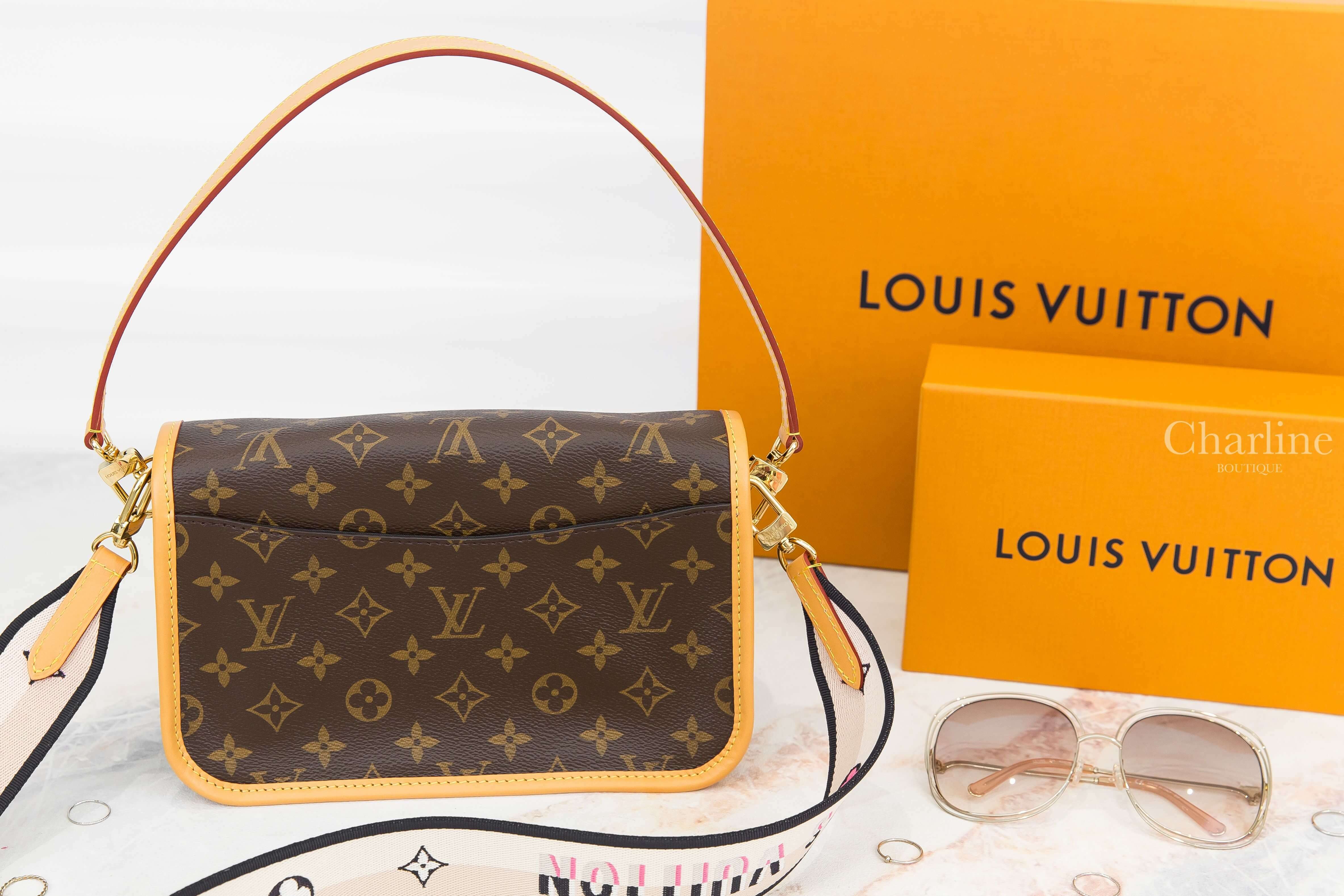 Louis Vuitton Diane 咖啡色老花帆布米色刺繡黑滾邊寬背帶小牛皮提把手提肩背包-Charline Boutique 精品代購