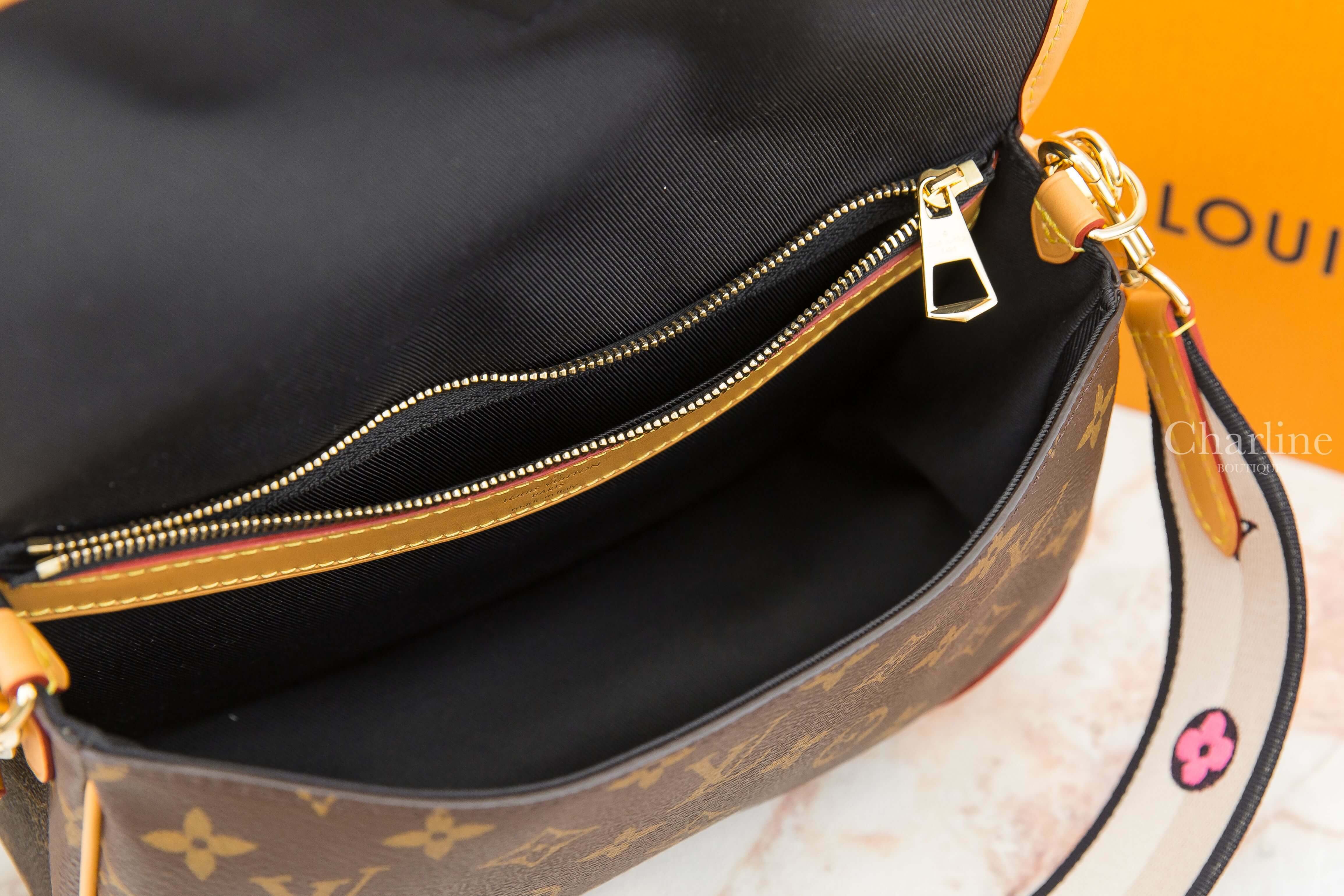 Louis Vuitton Diane 咖啡色老花帆布米色刺繡黑滾邊寬背帶小牛皮提把手提肩背包-Charline Boutique 精品代購