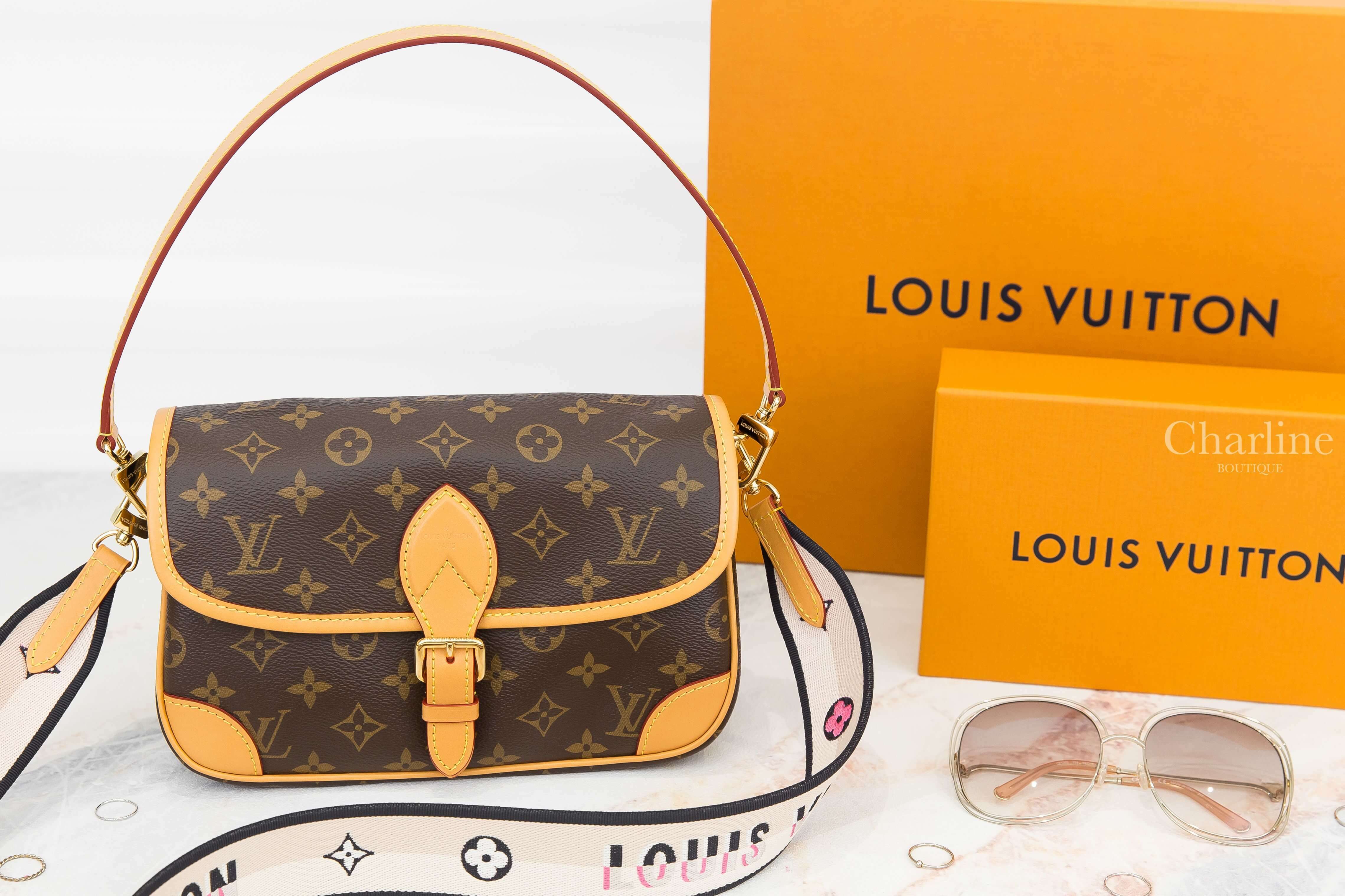 Louis Vuitton Diane 咖啡色老花帆布米色刺繡黑滾邊寬背帶小牛皮提把手提肩背包
