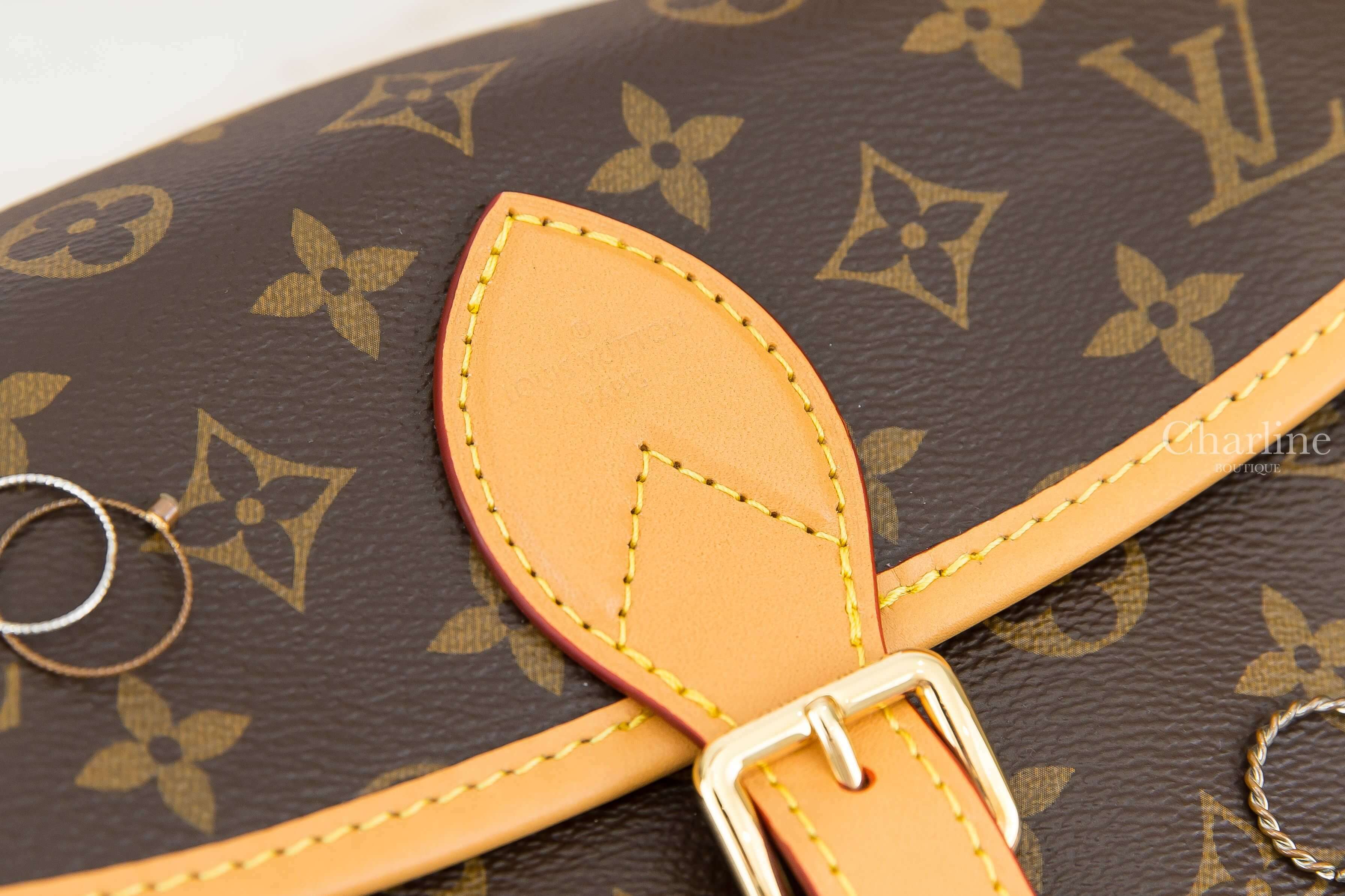 Louis Vuitton Diane 咖啡色老花帆布米色刺繡黑滾邊寬背帶小牛皮提把手提肩背包