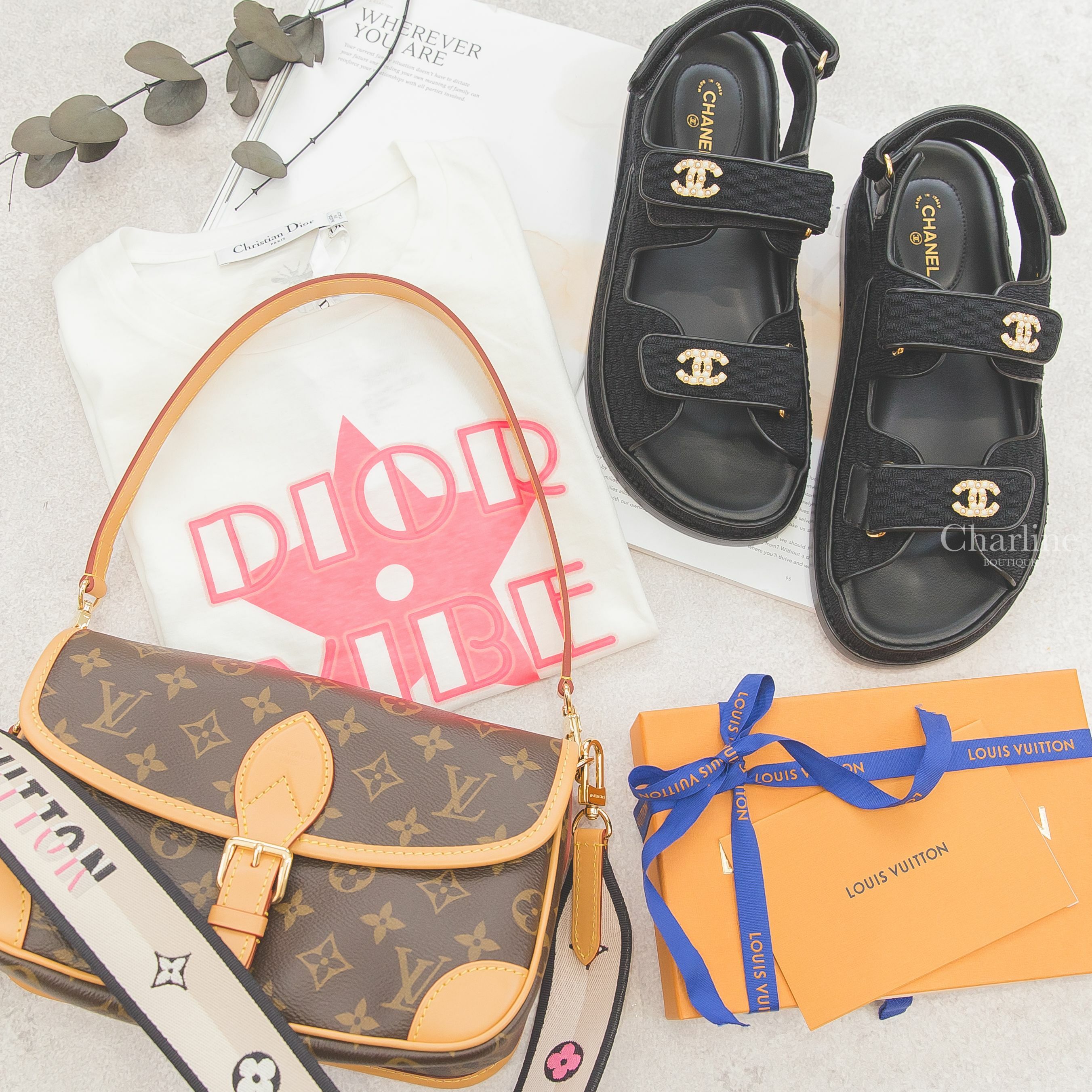 Louis Vuitton Diane 咖啡色老花帆布米色刺繡黑滾邊寬背帶小牛皮提把手提肩背包,Chanel 黑色金珍珠CC魔鬼氈毛線針織涼鞋,Dior 白色螢光粉星星簍空字樣印花混亞麻短袖棉T-Charline Boutique 精品代購